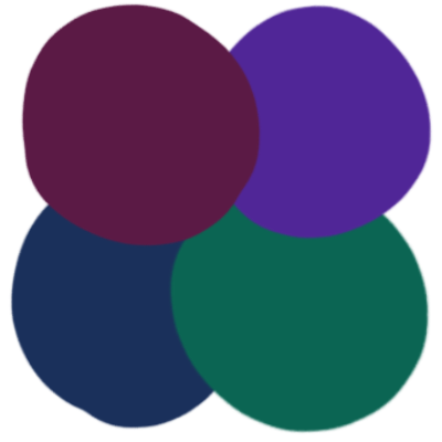 a burgundy, navy, teal and forest green circle overlapping each other